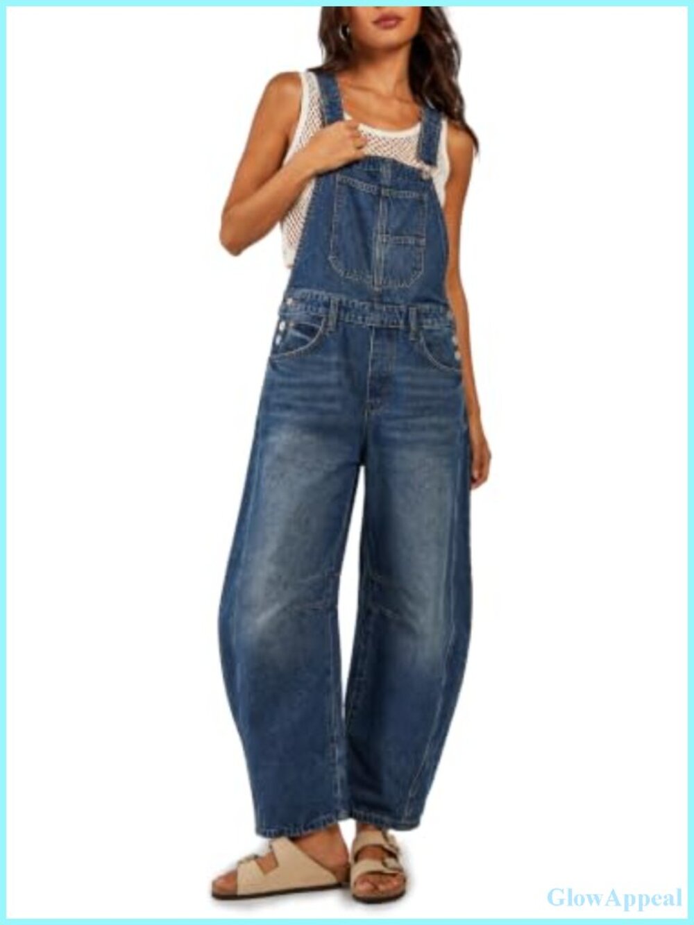 Denim Barrel Leg Bib Overalls with Pockets
